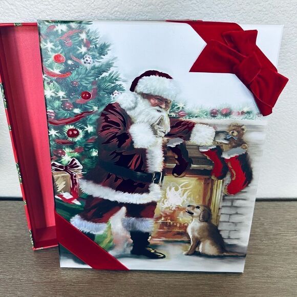 Christmas Puppy Dog Santa Fireplace Holiday Gift Storage Lidded Box - Picture 1 of 3